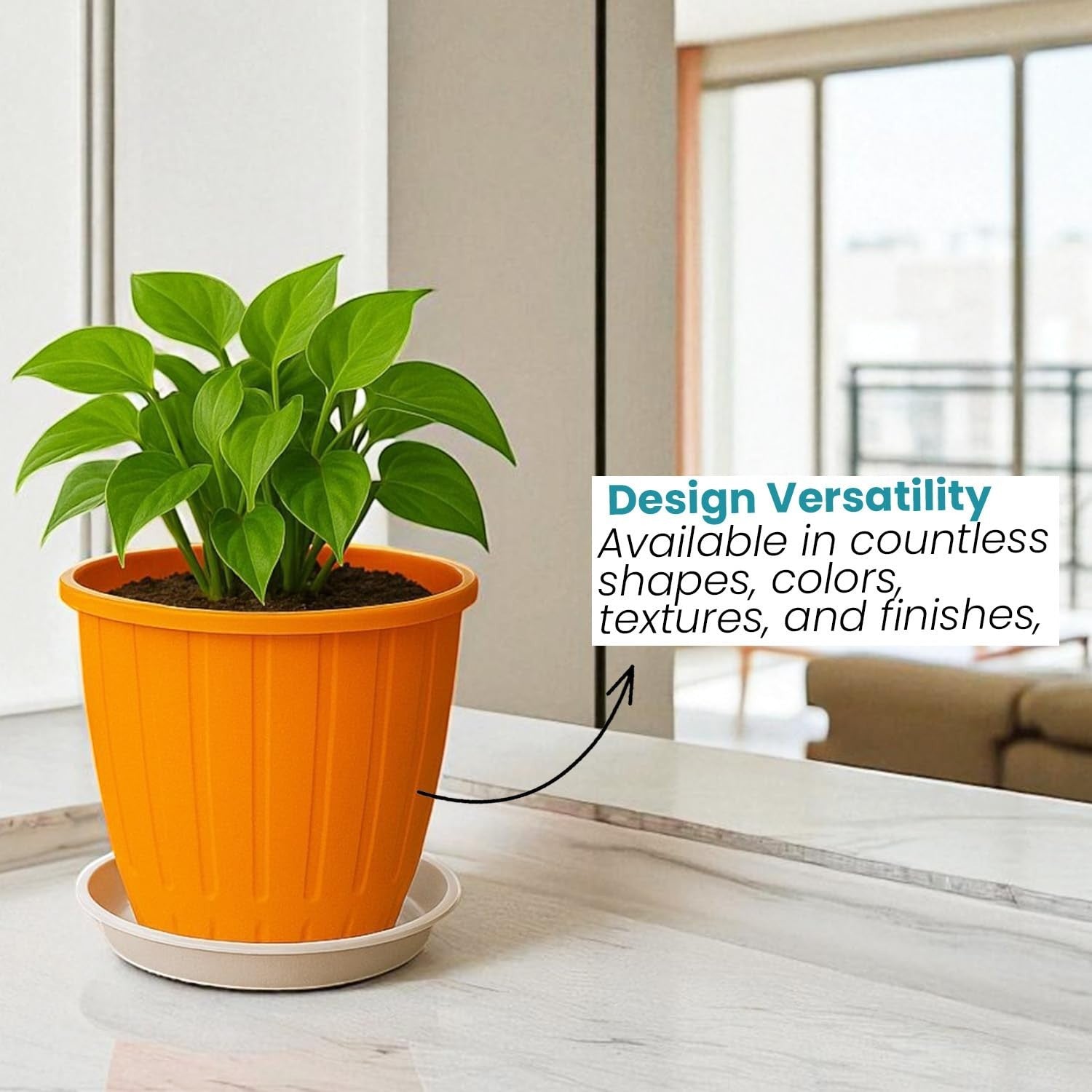 Go Hooked orange plastic planter pot with a beige saucer tray, featuring a fluted design and a healthy green plant.