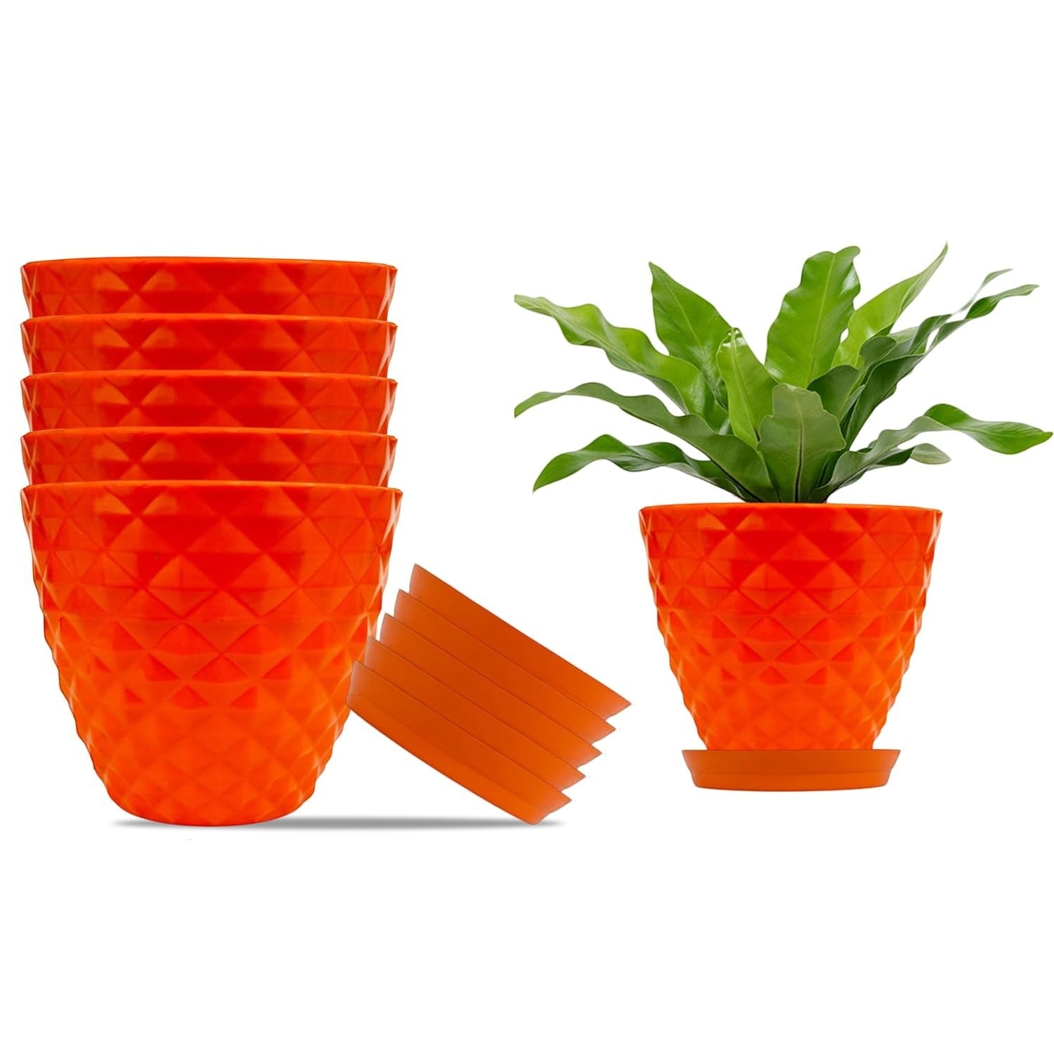 GoHooked set of 6 orange plastic planter pots with diamond pattern and saucers. One pot shown with a green plant.