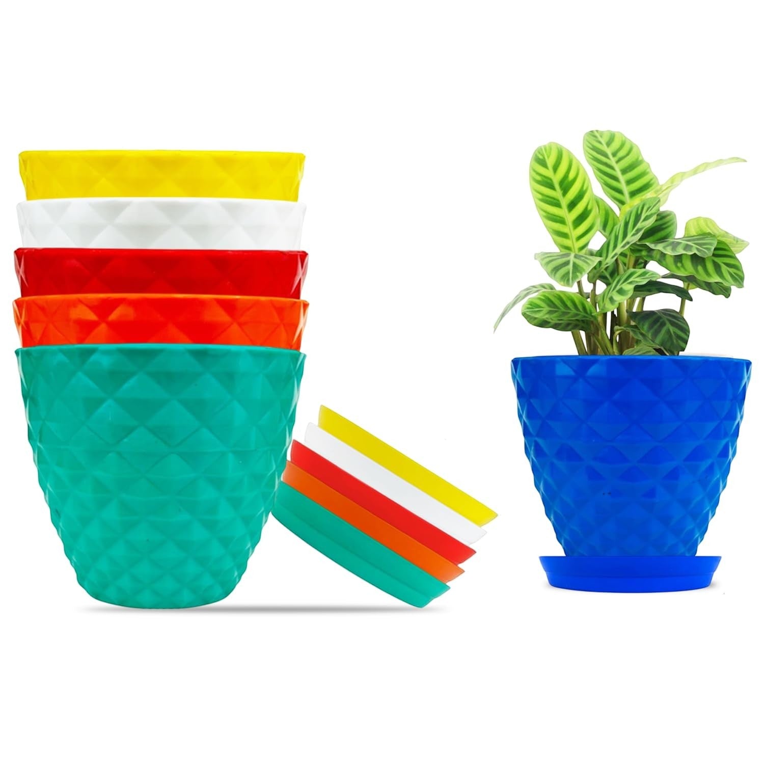 GoHooked set of 6 orange plastic planter pots with saucers, diamond pattern, modern design.