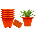 GoHooked set of 6 orange plastic planter pots with saucers, 6 inch Zenith design for indoor/outdoor plants.