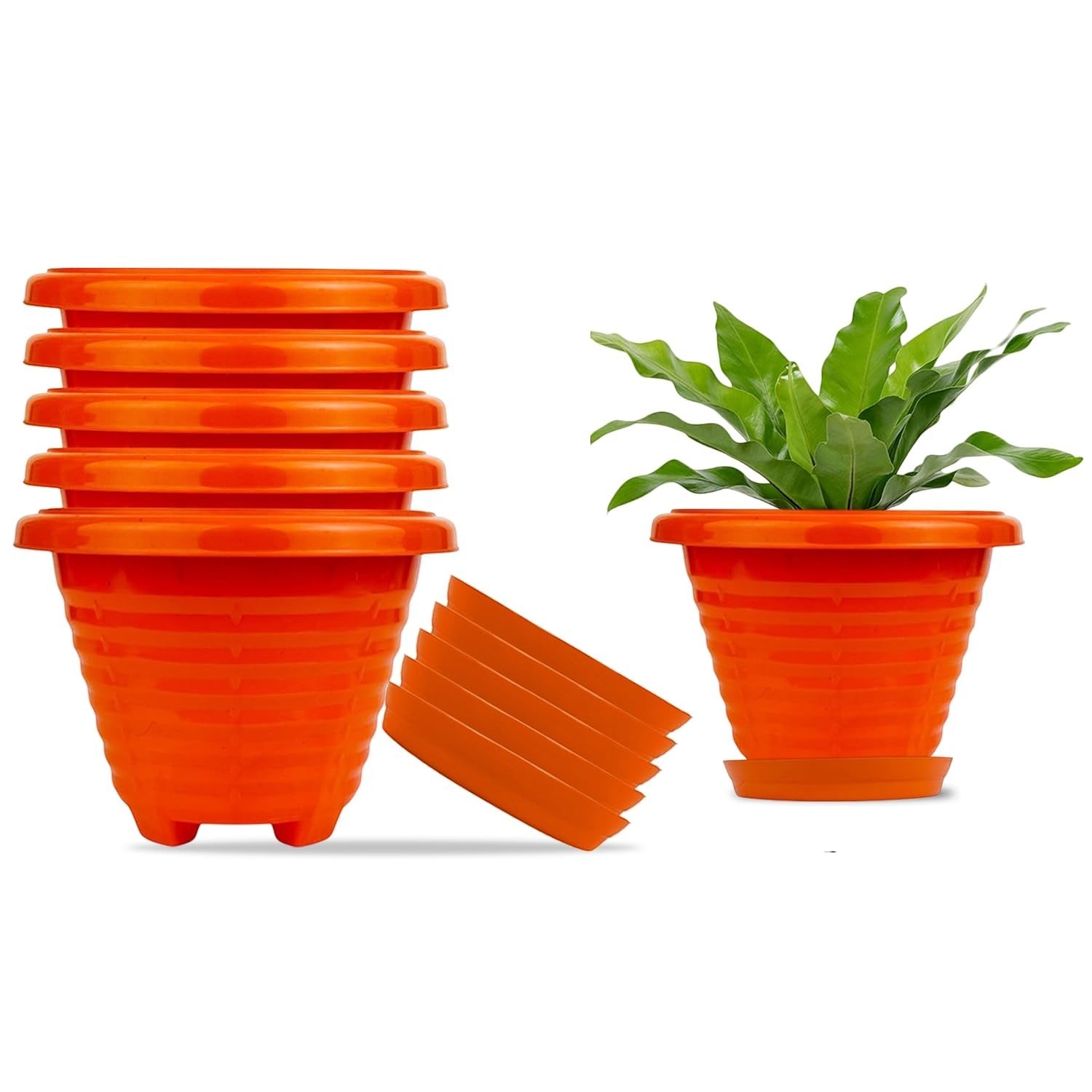 GoHooked set of 6 orange plastic planter pots with saucers, 6 inch twister design for indoor/outdoor plants.