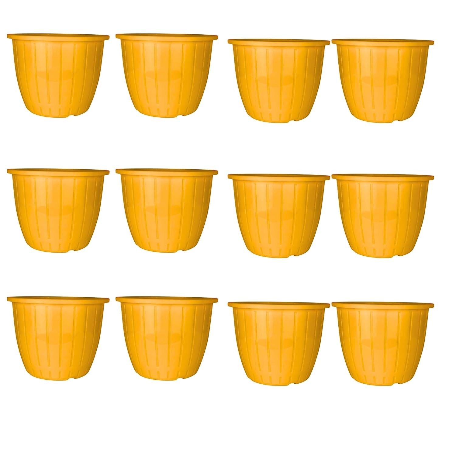 GoHooked set of 12 orange plastic planter pots, 10-inch, modern design with drainage holes for indoor/outdoor use.