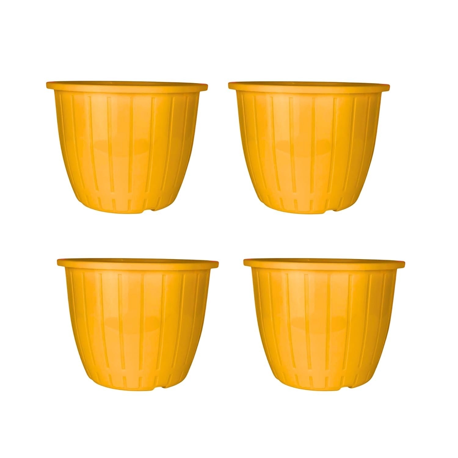 GoHooked set of 4 orange plastic planter pots with vertical ribbed design, 10-inch size, perfect for indoor/outdoor use.