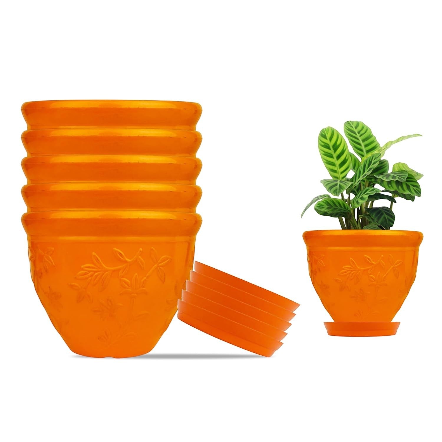 GoHooked set of 6 orange plastic planter pots with embossed floral design and matching saucers. One pot with a plant is shown.
