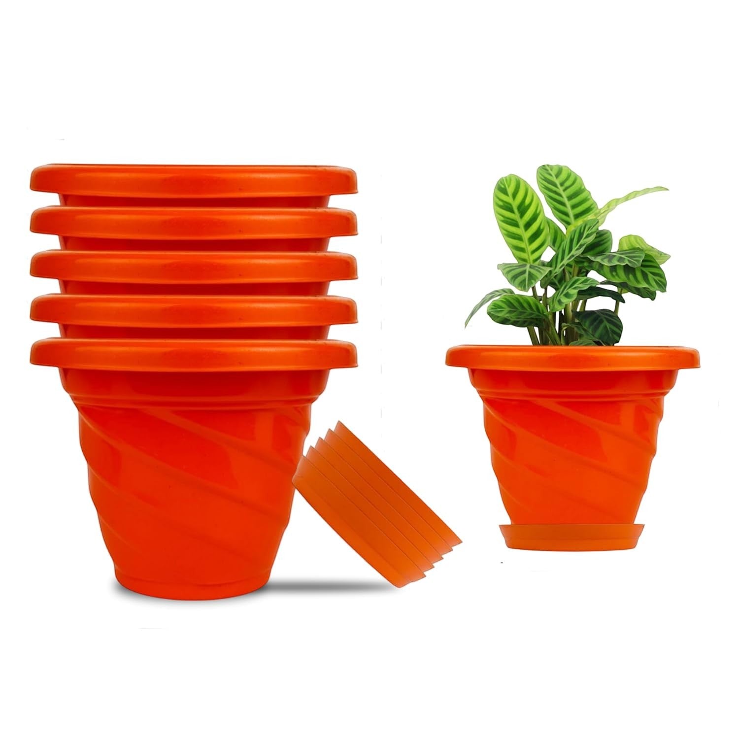 GoHooked set of 6 orange plastic planter pots with saucers, featuring a modern twister design and a small plant in one pot.