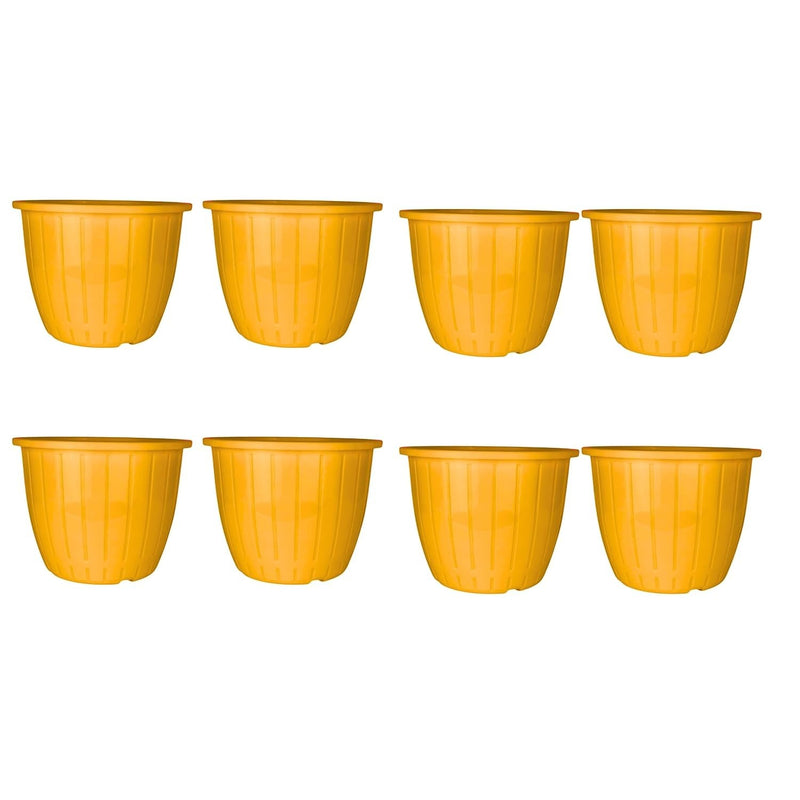 GoHooked set of 8 orange plastic planter pots with a modern ribbed design, 10-inch size.