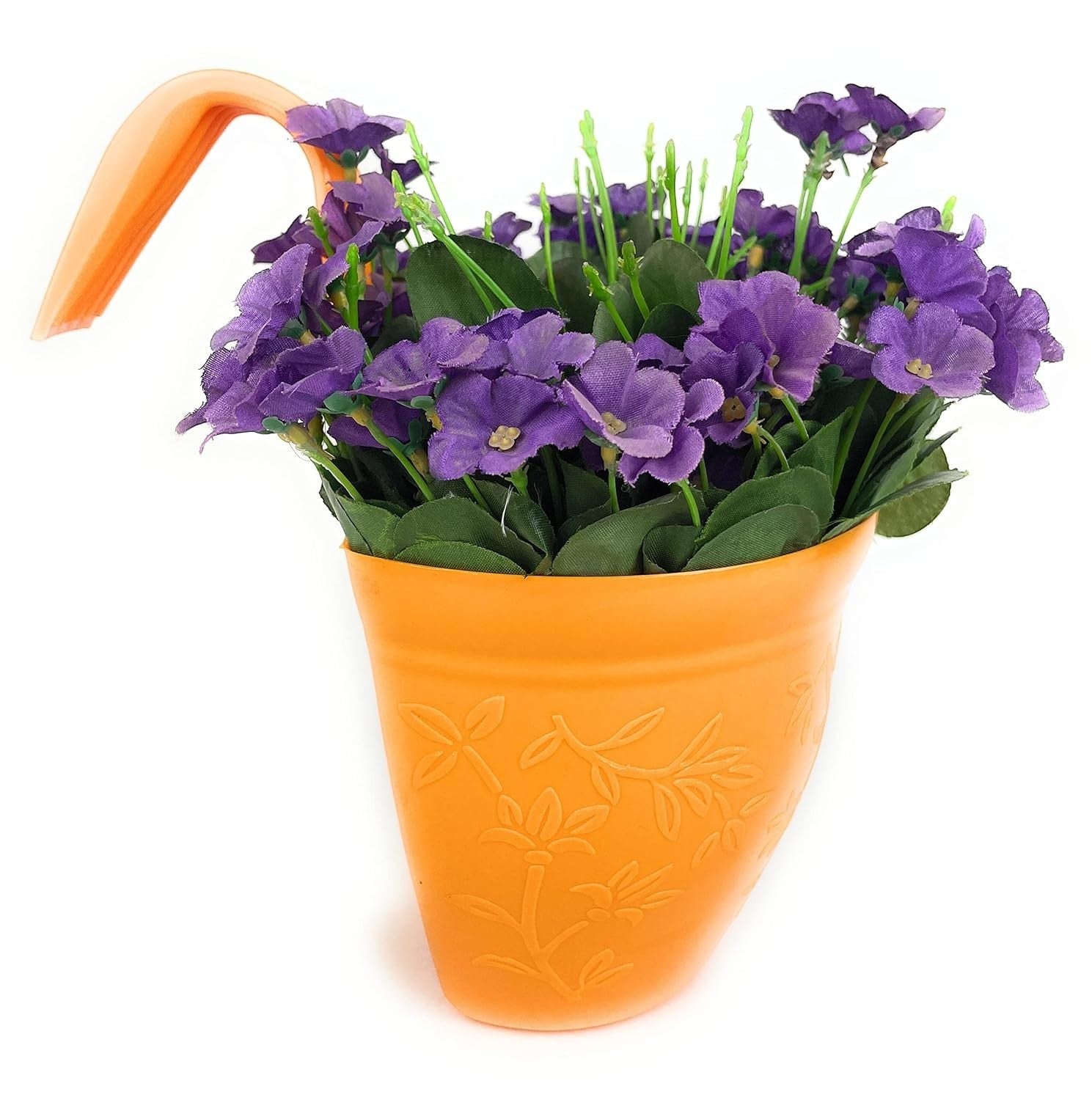 GoHooked orange plastic planter with purple artificial flowers, featuring a railing hook and embossed floral design.