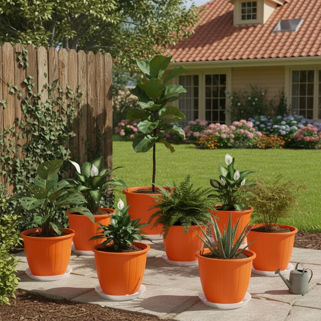 GoHooked set of 8 orange plastic planters, 8-inch size, with trays. Ideal for indoor/outdoor gardening.