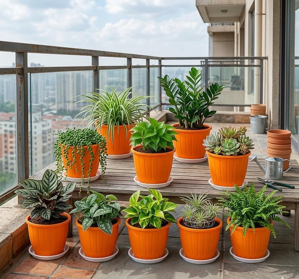 GoHooked set of 4 orange plastic planters with drainage holes and trays, 8-inch size, perfect for indoor/outdoor gardening.