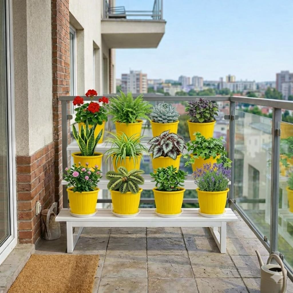 GoHooked 8-inch orange plastic planters with drainage holes and trays, set of 4, for indoor/outdoor gardening.