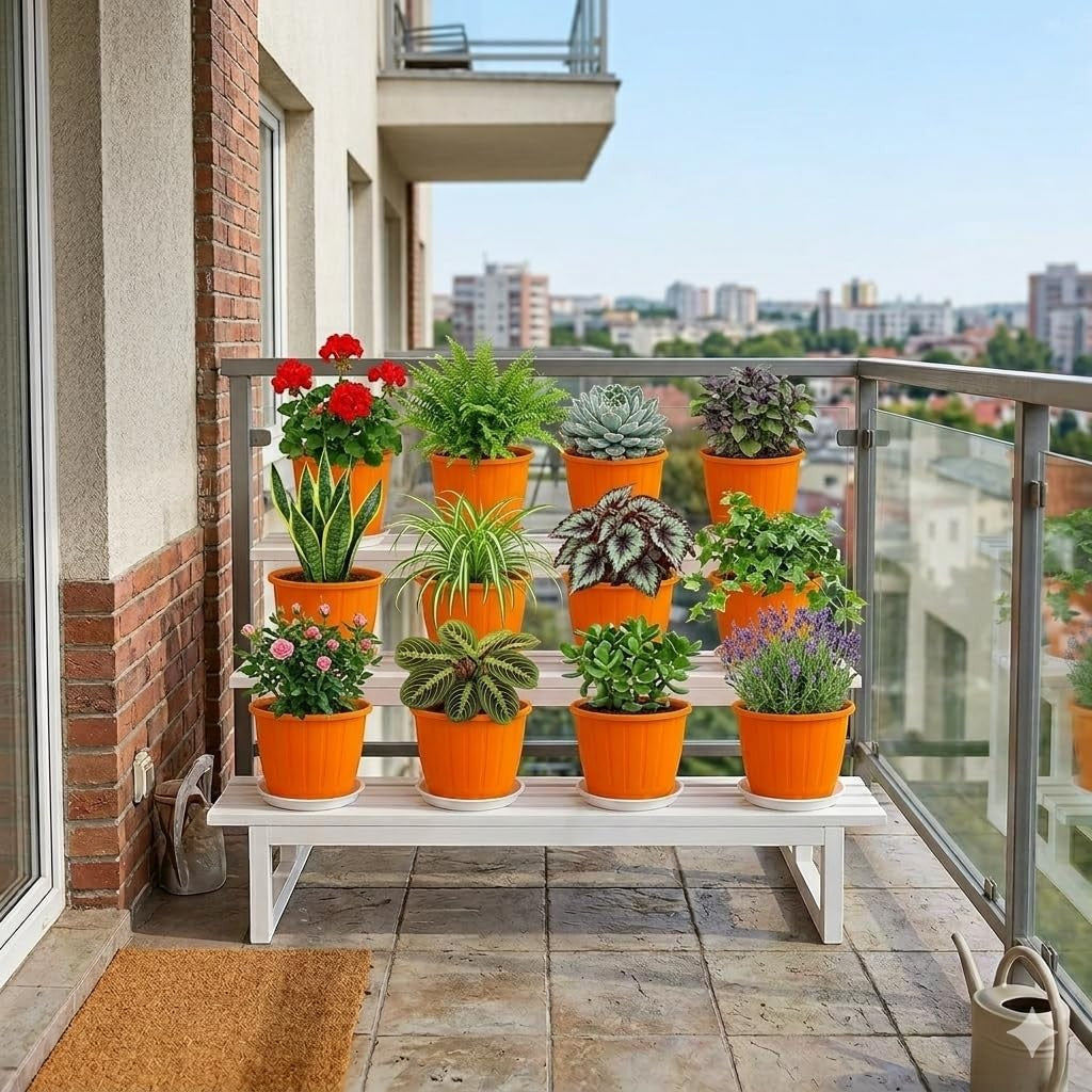 GoHooked orange plastic planters with drainage holes, perfect for indoor/outdoor gardening. Set of 4, 8-inch size.