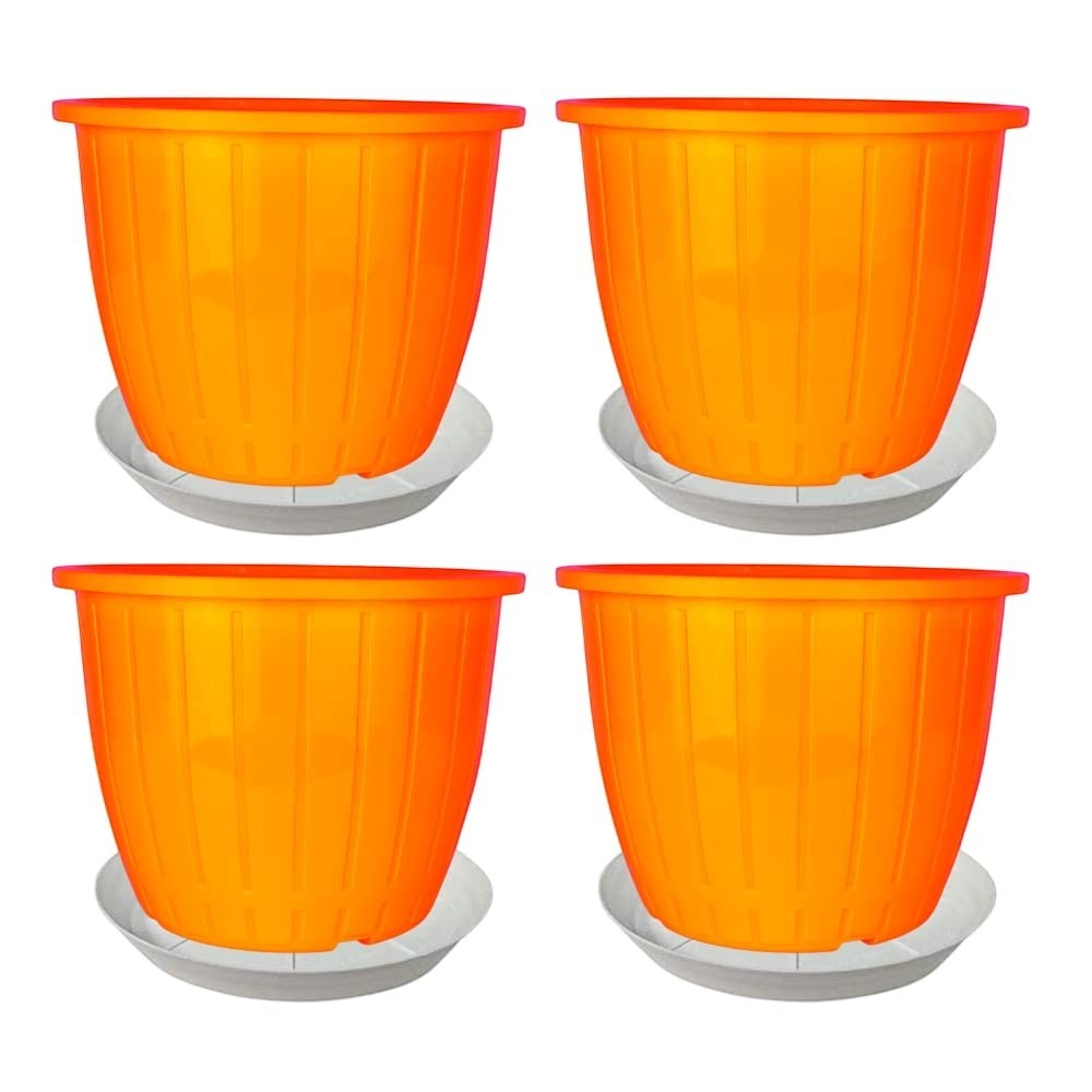 GoHooked pack of 4 orange plastic planters with drainage holes and matching saucers, 8-inch size.