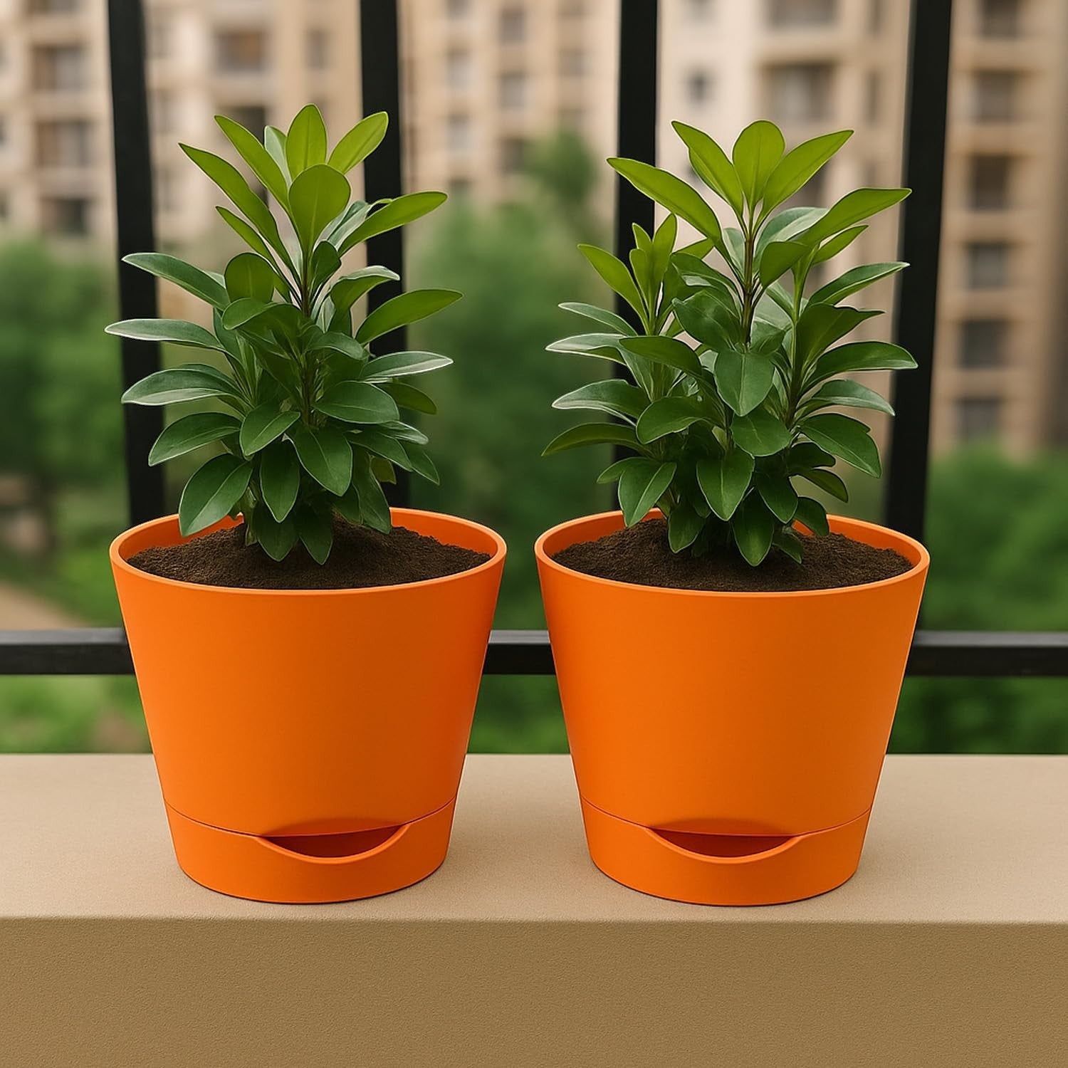 GoHooked set of 2 orange plastic planters with self-watering feature, each holding a small green plant.