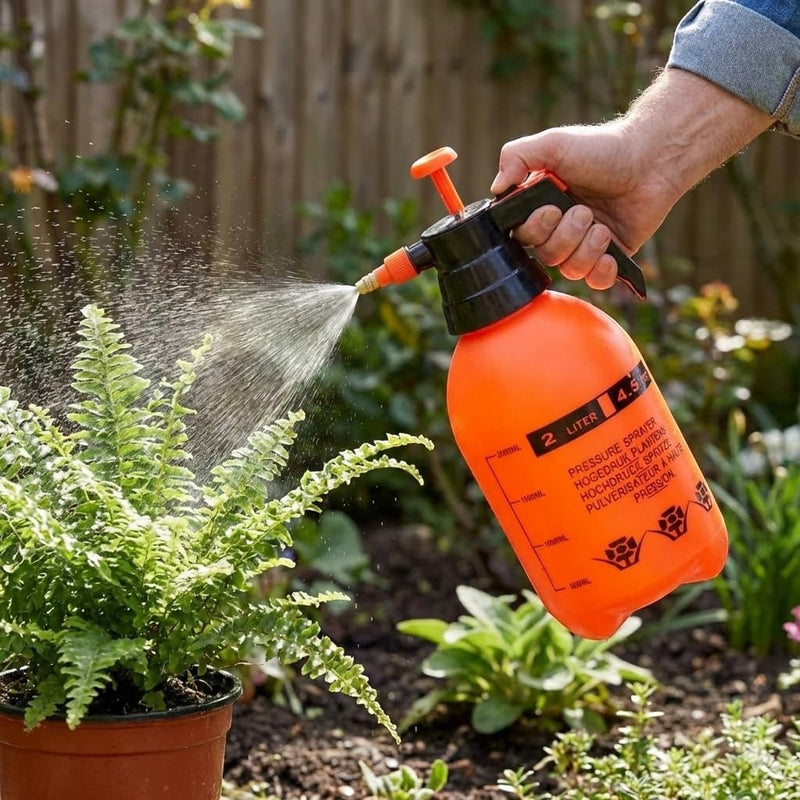 GoHooked orange plastic pressure sprayer watering a fern plant in a garden.