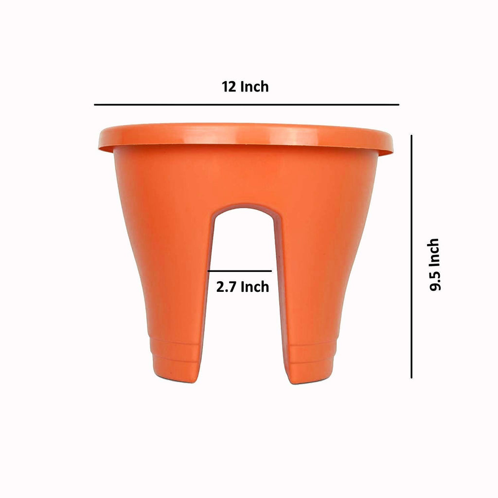 GoHooked orange plastic railing flower pot, 12 inch diameter, 9.5 inch height, durable and easy to clean.