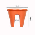 GoHooked orange 12-inch railing flower pot made of durable virgin plastic. Features a 9.5-inch height and 2.7-inch opening.