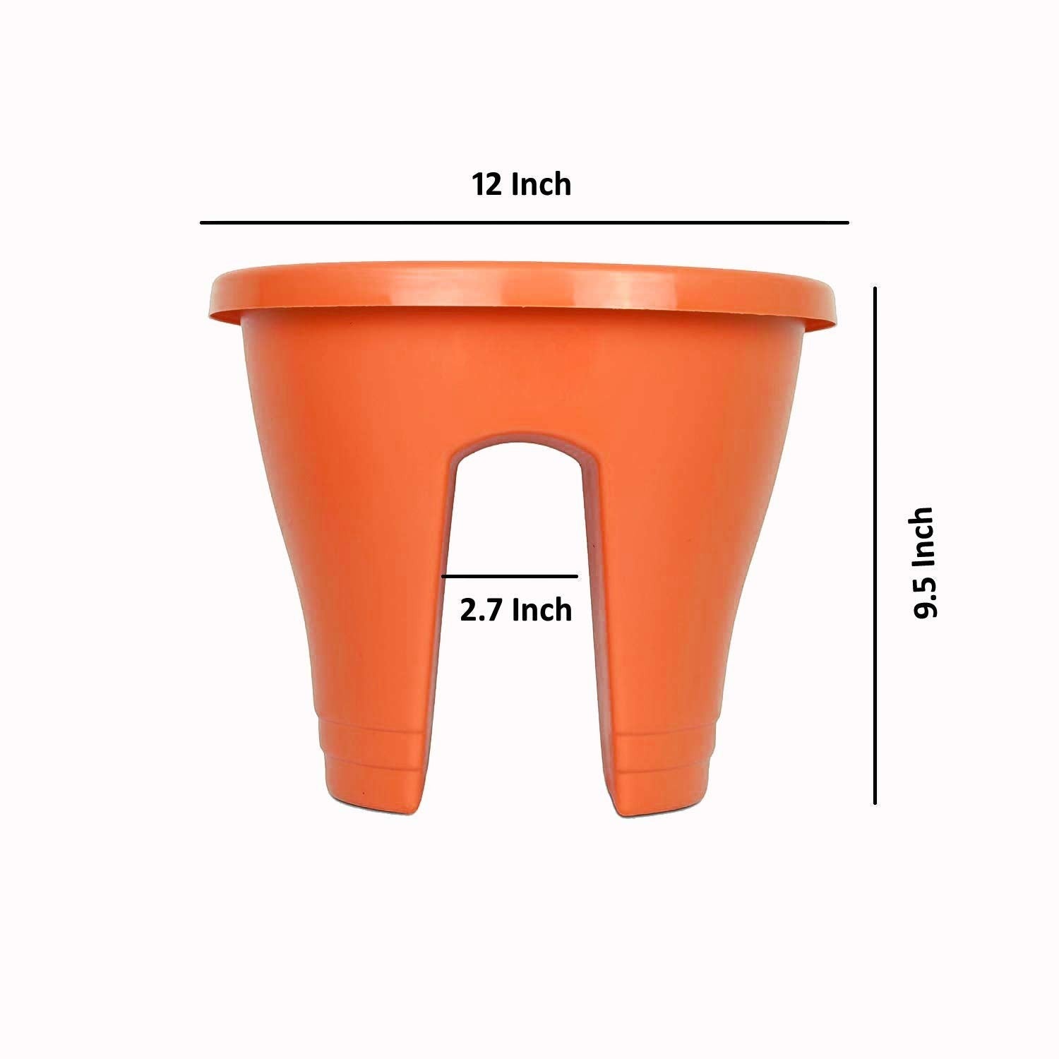 GoHooked orange 12-inch railing flower pot, made of durable plastic, with dimensions 12" W x 9.5" H x 2.7" opening.