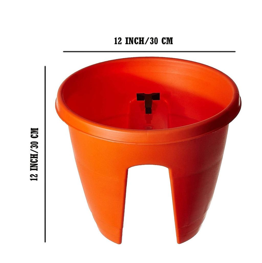 GoHooked orange plastic 12-inch railing planter, rust-resistant, perfect for balconies and flowers.
