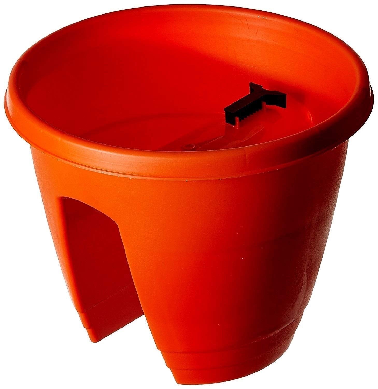 GoHooked orange plastic railing planter, 12-inch, rust-resistant, ideal for balconies and flowers.