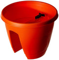 GoHooked orange plastic railing planter, 12 inch, rust-resistant, ideal for balconies and flowers.