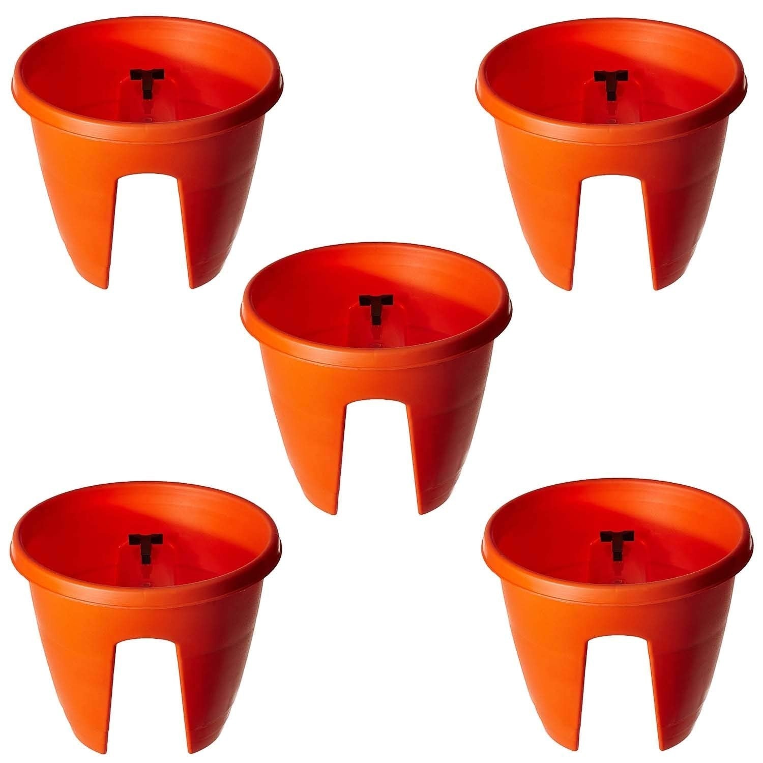 GoHooked 5-piece set of 12-inch orange plastic railing planters with a cutout for hanging.