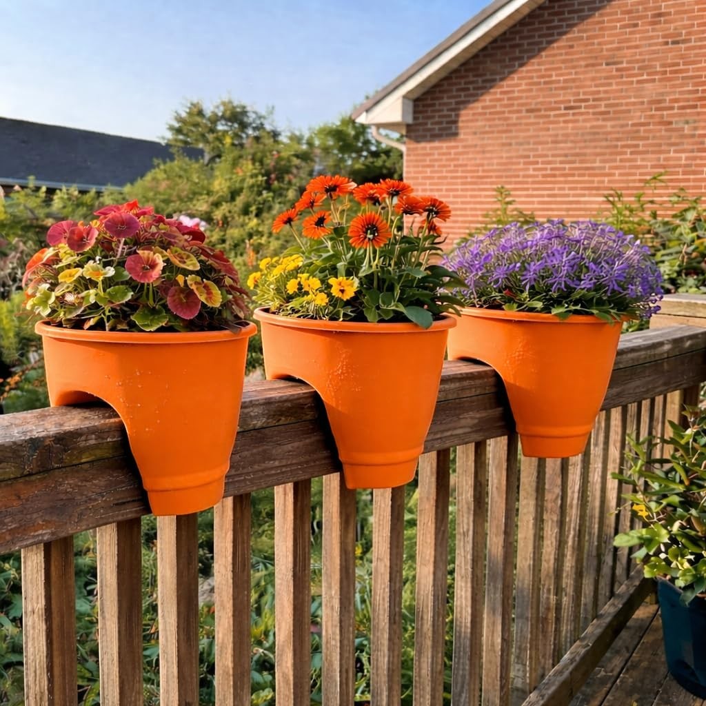 Go Hooked set of 3 orange plastic 12-inch railing planters with colorful flowers on a wooden deck railing.