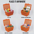 Go Hooked orange plastic storage basket with lid, ideal for toys, diapers, and essentials. Features a handle for easy carrying.