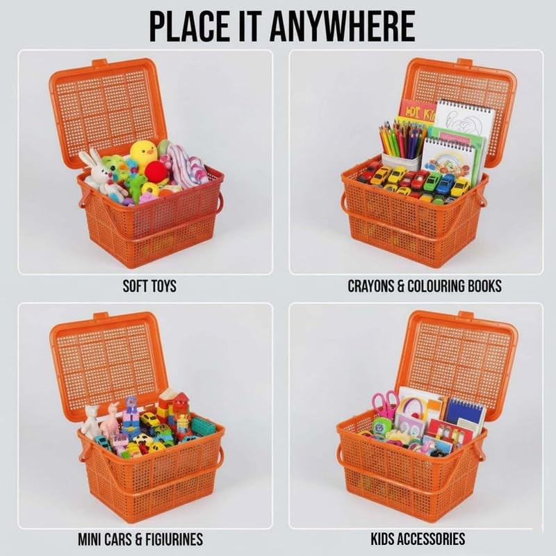 Go Hooked orange plastic storage basket with lid, ideal for toys, diapers, and essentials. Features a handle for easy carrying.