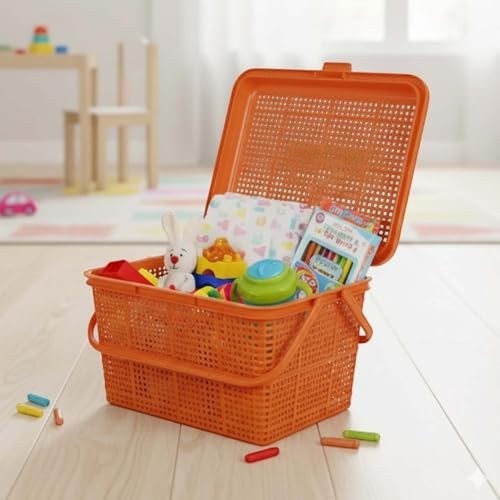 GoHooked orange plastic picnic storage basket with lid, handle, and snap lock, filled with toys and baby essentials.