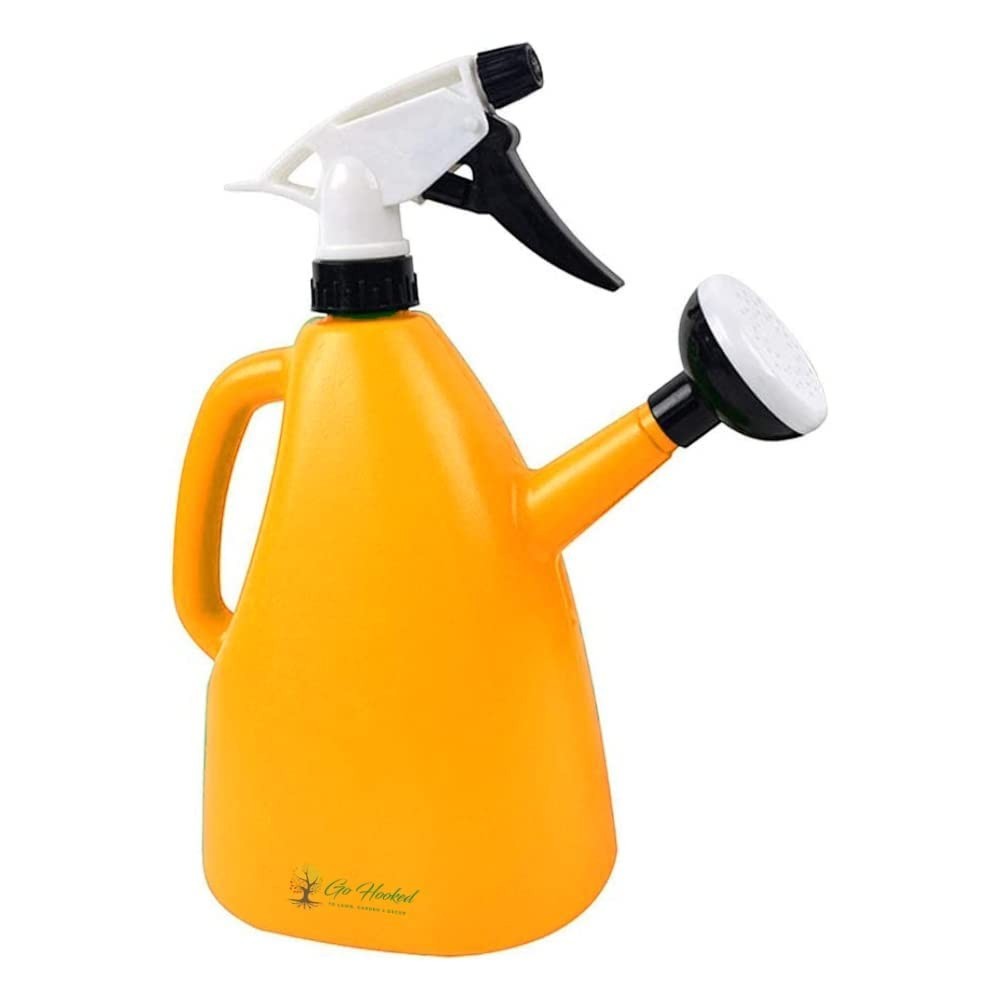 Go Hooked 2-in-1 orange plastic watering can with adjustable spray nozzle and shower head, 1 litre capacity.