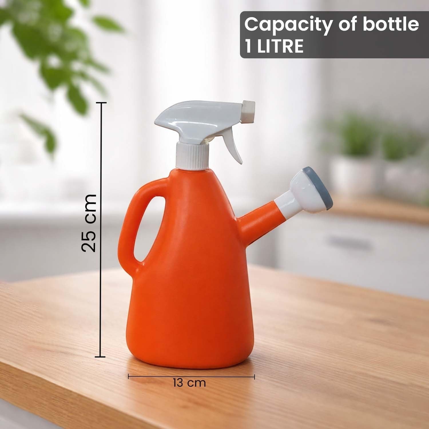 GoHooked orange 1-litre plastic watering can with spray bottle attachment and adjustable nozzle for indoor plants.