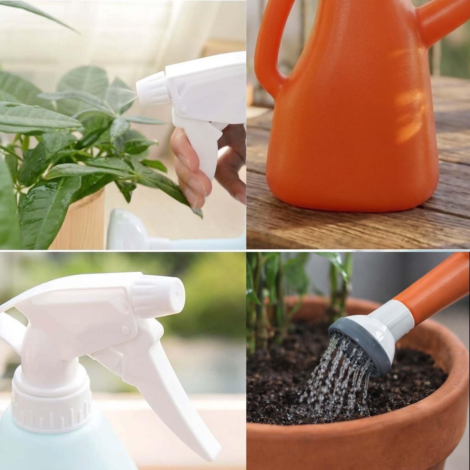 GoHooked orange plastic 1L watering can with shower head and spray bottle function for indoor plants.