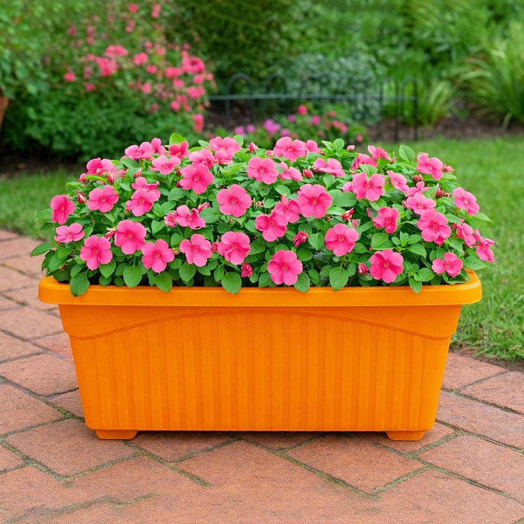 Go Hooked orange rectangular plastic plant pot filled with pink impatiens flowers, set of 6.