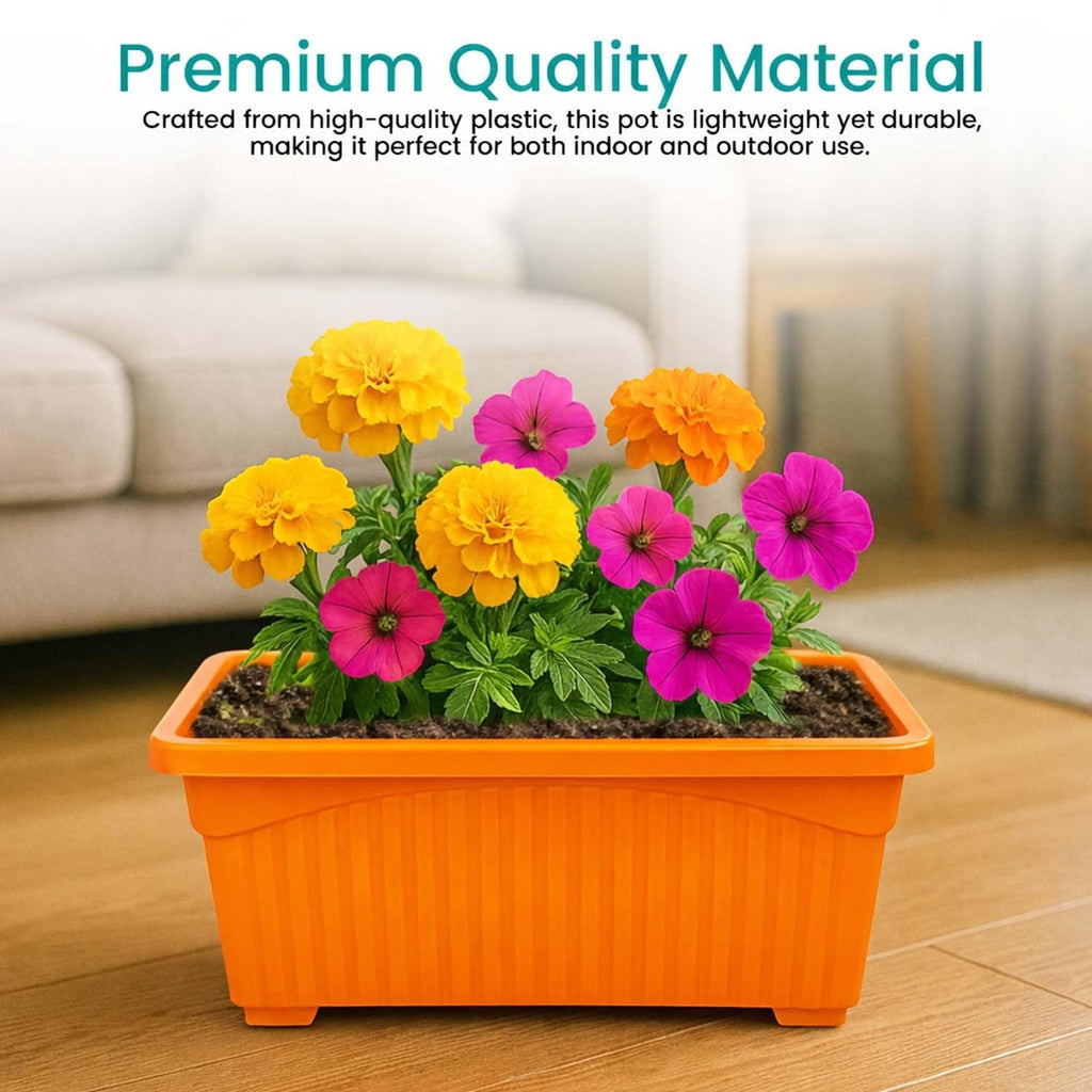 Go Hooked orange rectangular plastic plant pot with yellow and pink flowers, perfect for indoor or outdoor use.