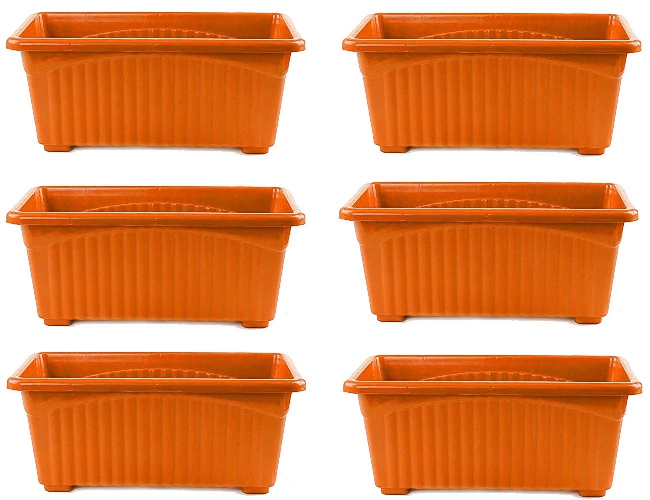 Go Hooked set of 6 orange rectangular plastic plant pots with ribbed texture and raised feet.