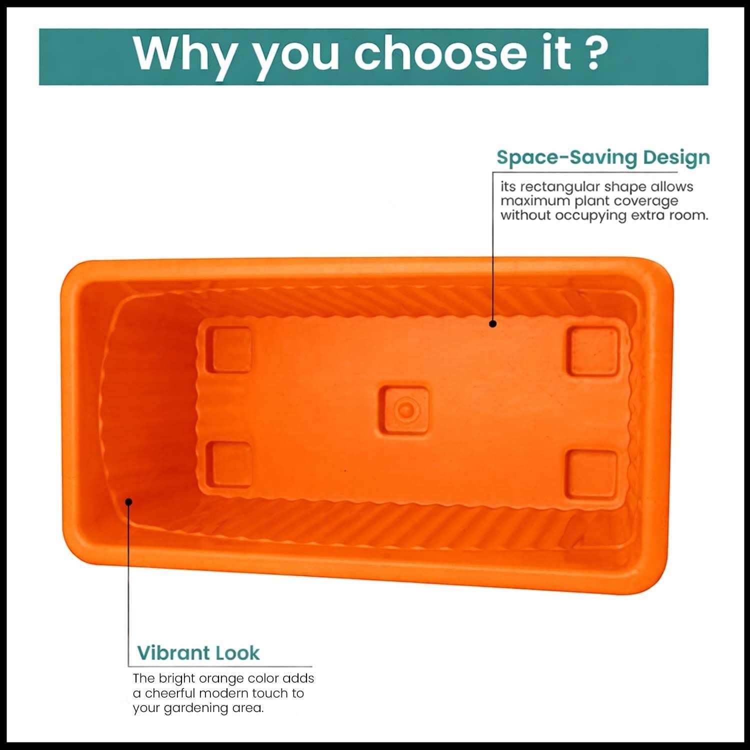 Go Hooked Set of 6 orange rectangular plastic plant pots with a space-saving design and vibrant look.