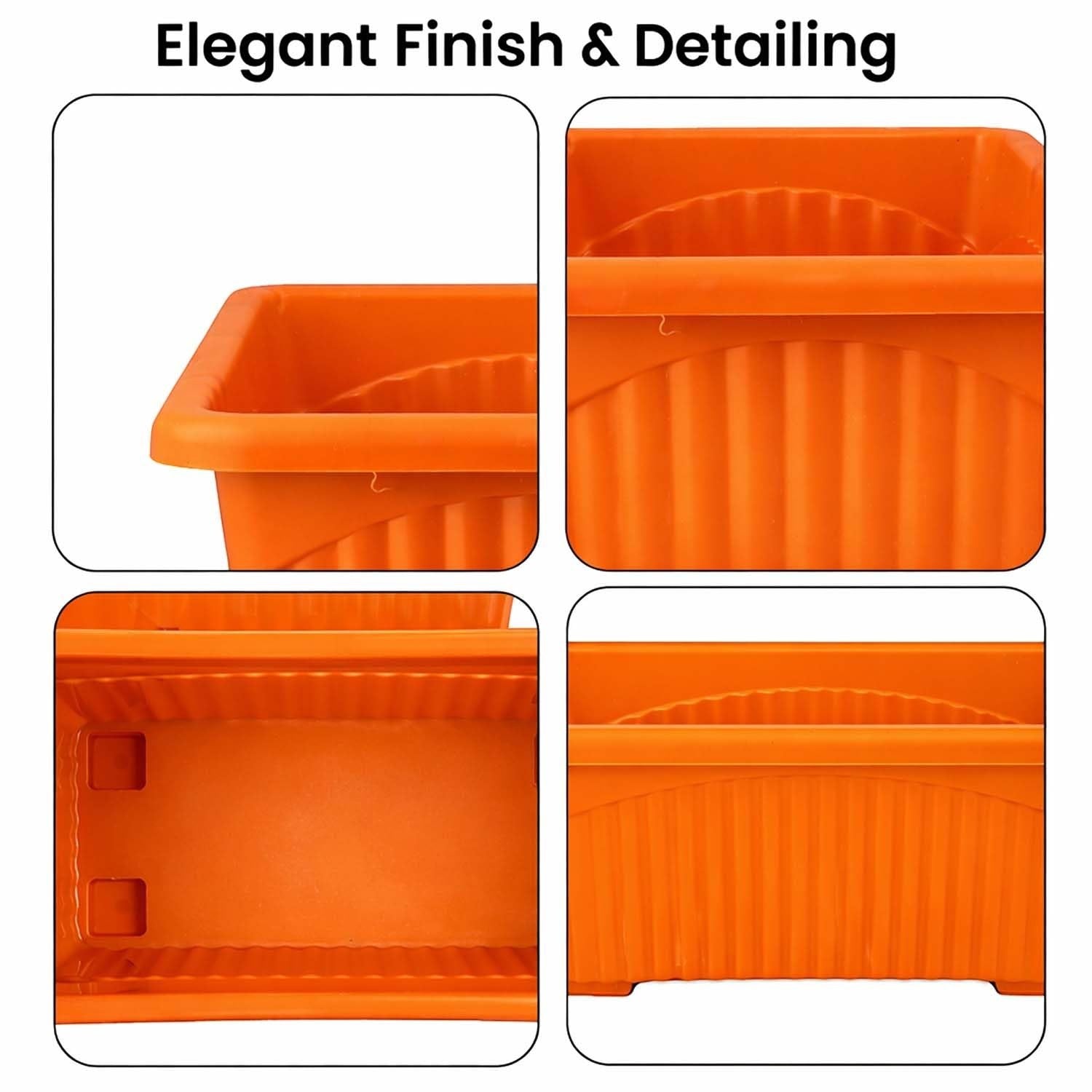 Go Hooked set of 6 orange rectangular plastic plant pots with ribbed detailing and drainage holes.