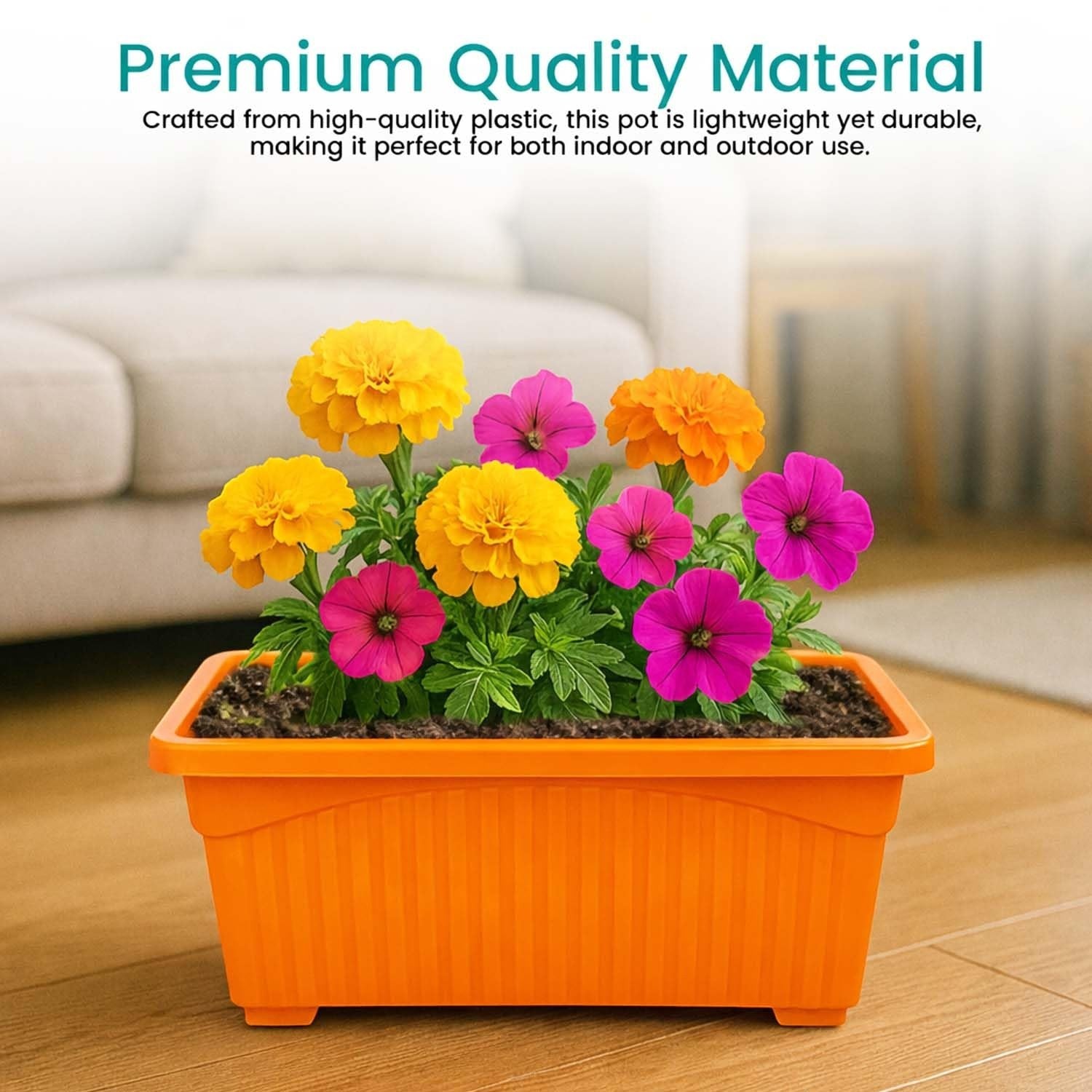 Go Hooked orange rectangular plastic planter with yellow and pink flowers, suitable for indoor/outdoor use.