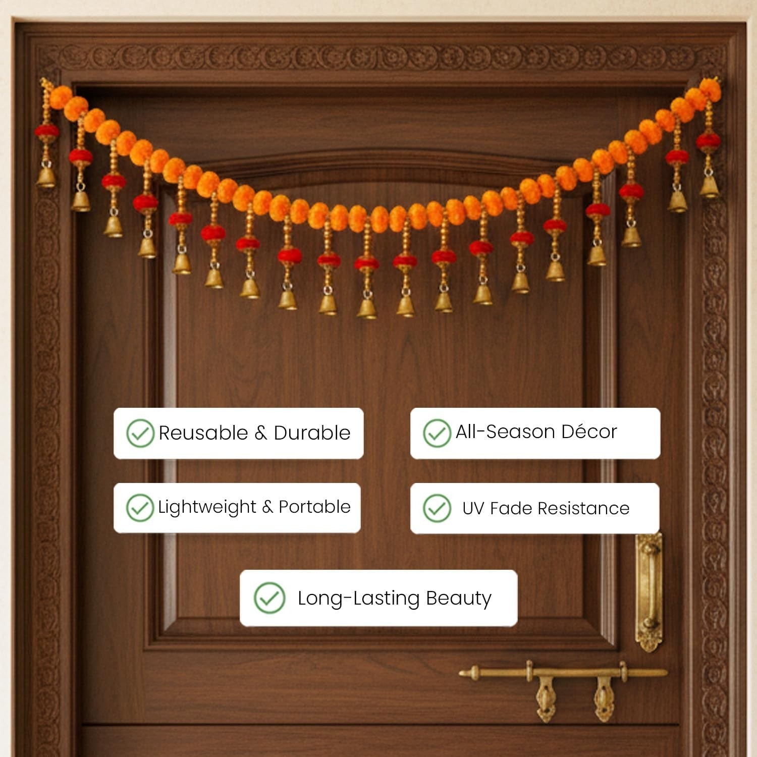 GoHooked orange and red artificial pom-pom toran with golden bells for door decoration