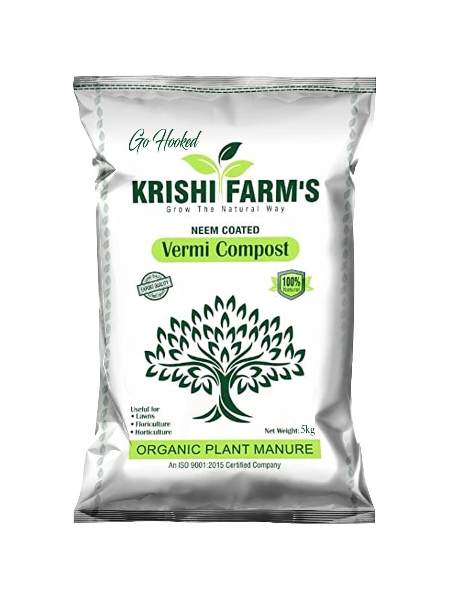 Go Hooked organic neem-coated vermicompost fertilizer manure for plants, 5kg bag, ideal for home gardening and soil mix.