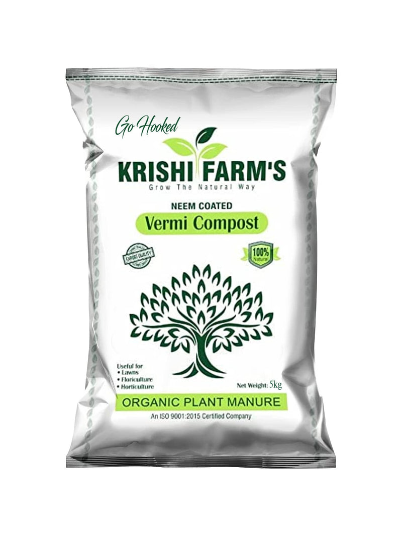 Go Hooked organic neem-coated vermicompost fertilizer manure for plants, 5kg bag, ideal for home gardening and soil mix.