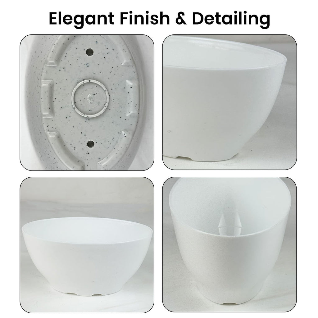 GoHooked set of 5 oval polymer plant pots with speckled white finish, 22x13.5x11 cm.