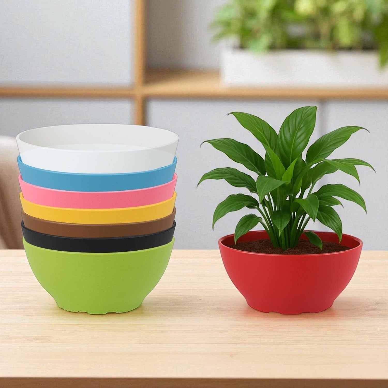 GoHooked set of 10 lightweight polymer oval plant pots in white, blue, pink, yellow, brown, black, and green. One red pot with a plant.