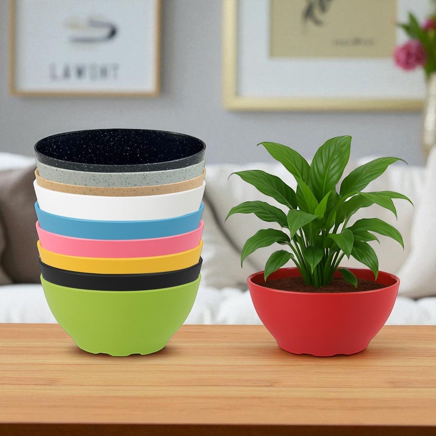 GoHooked set of 10 lightweight oval polymer plant pots in various colors, one red pot with a plant.