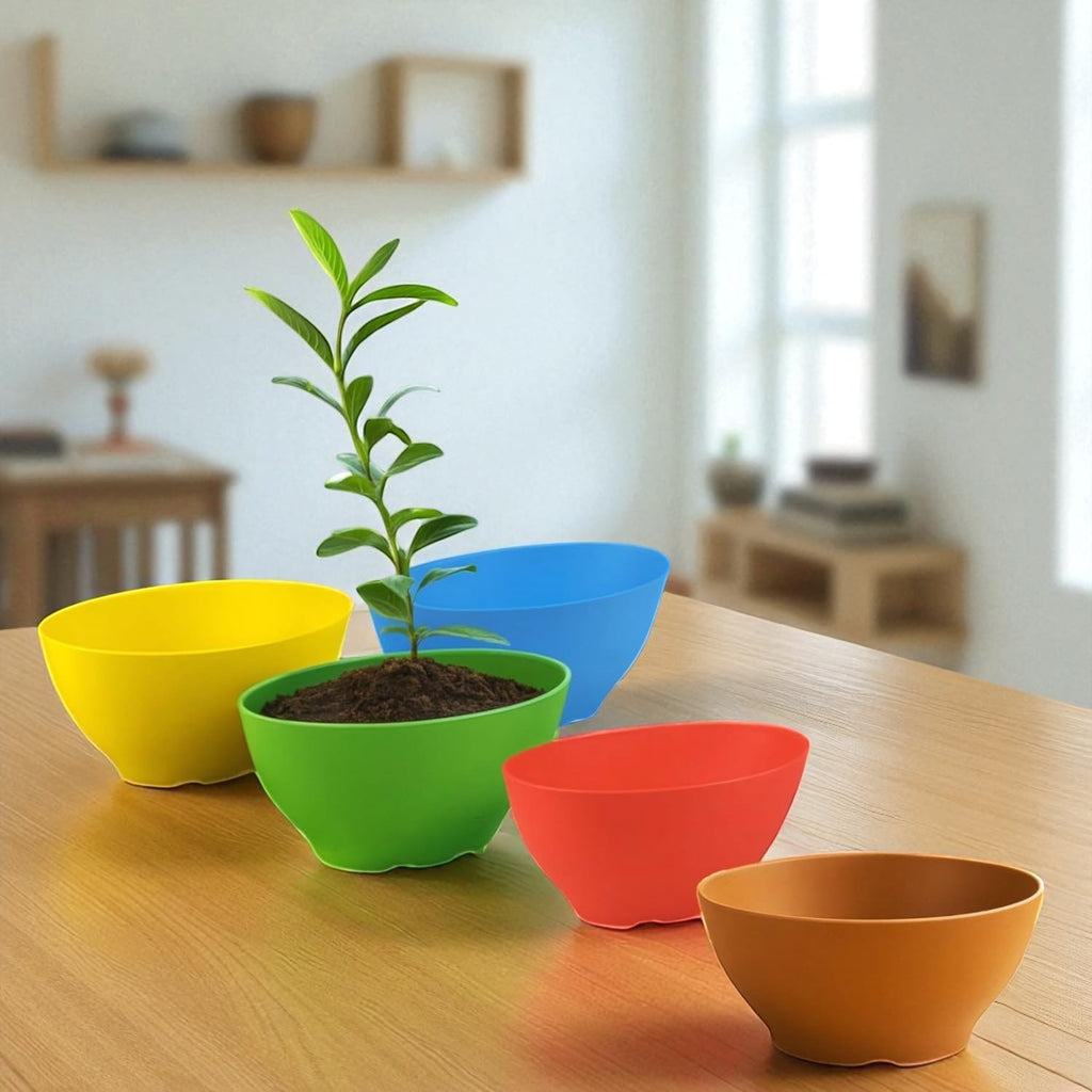 GoHooked set of 5 multicolor oval polymer plant pots, 22x13.5x11cm, lightweight and durable for indoor/outdoor use.