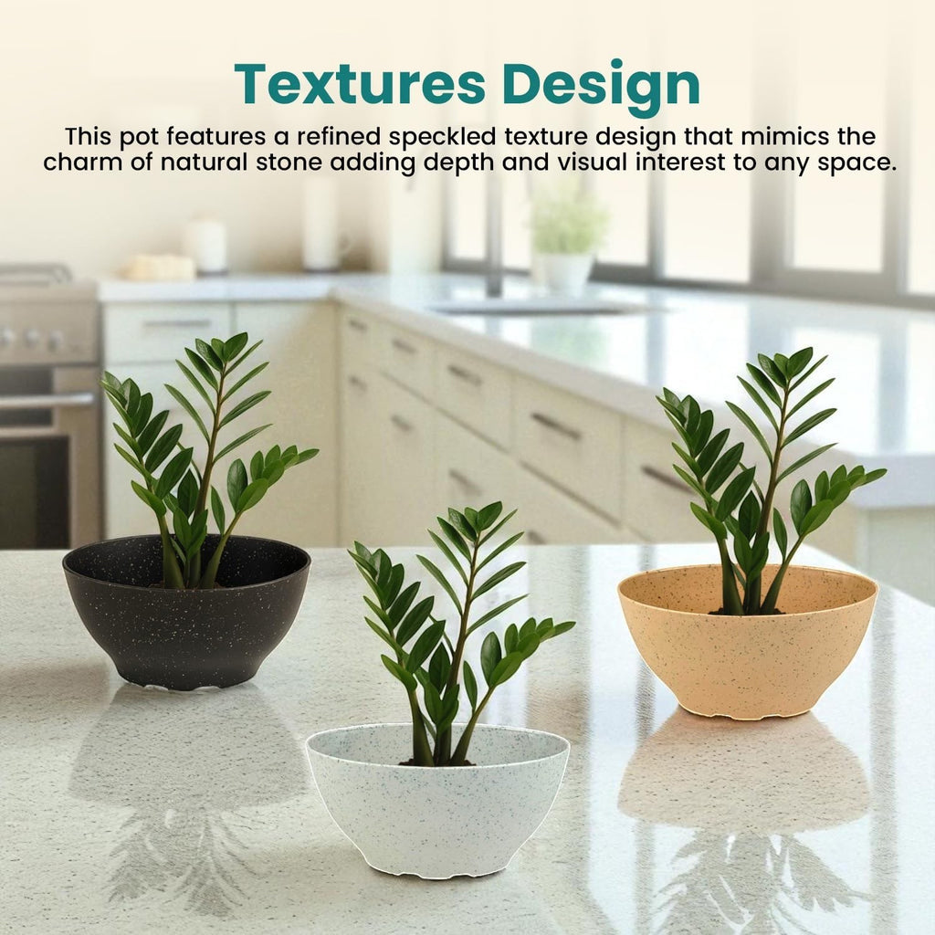 GoHooked set of 5 oval polymer plant pots in black, white, and beige with speckled texture. Small decorative planters for succulents.