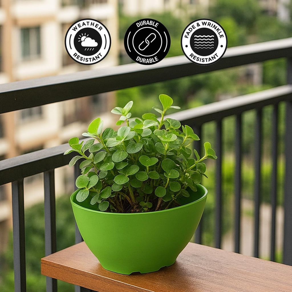 GoHooked oval polymer plant pot, green, lightweight, durable, fade & wrinkle resistant. Set of 5.