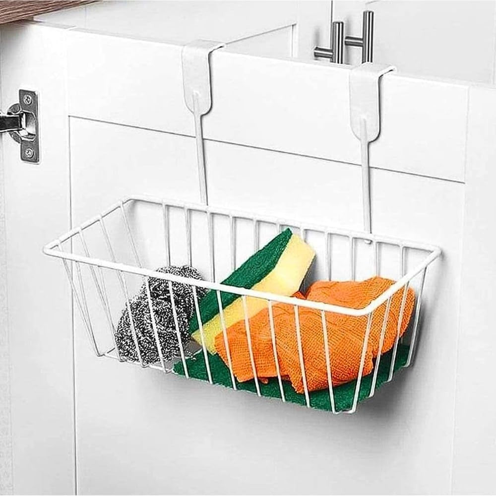 GoHooked white metal over door hanging basket organizer with sponges and cloths inside, 2 pack