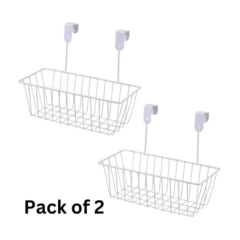GoHooked white metal over door hanging basket storage organizer, pack of 2. Space saving and versatile.
