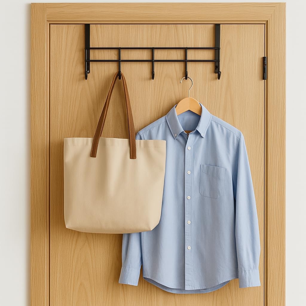 GoHooked over the door organizer rack with 5 hooks, black metal, holding a beige tote bag and a blue shirt.